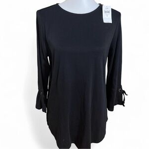 NWT J. Jill Black Pima Cotton Blouse with Tie Sleeves M